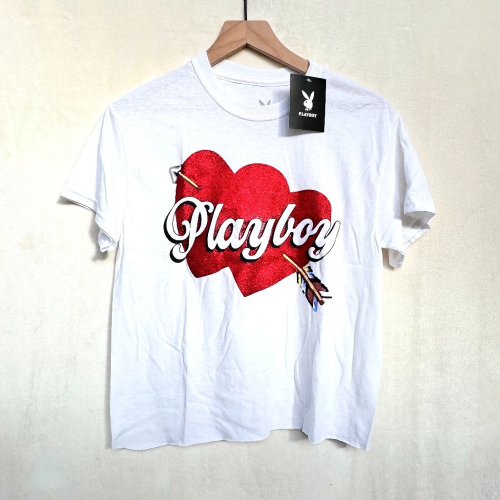 Playboy Glitter Valentine Heart White Cropped Tee